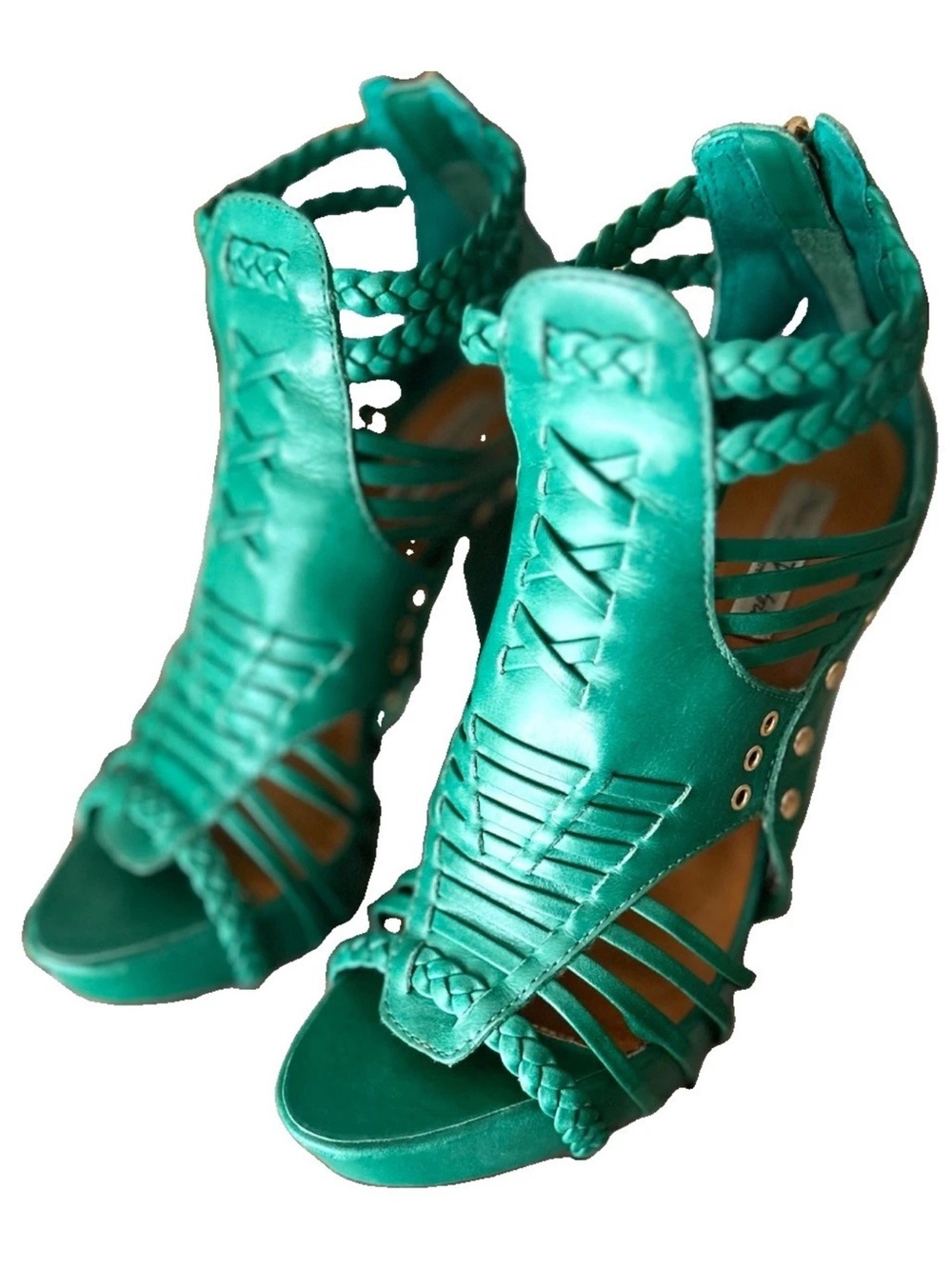 Pour La Victoire Green Leather Caged Gladiator Heeled Sandals Gold Back Zip Sz 6